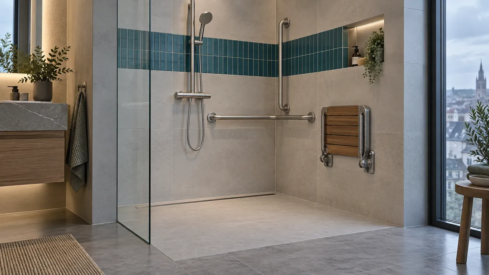 Douche extra-plate avec siège rabattable, barres d’appui et mitigeur thermostatique
